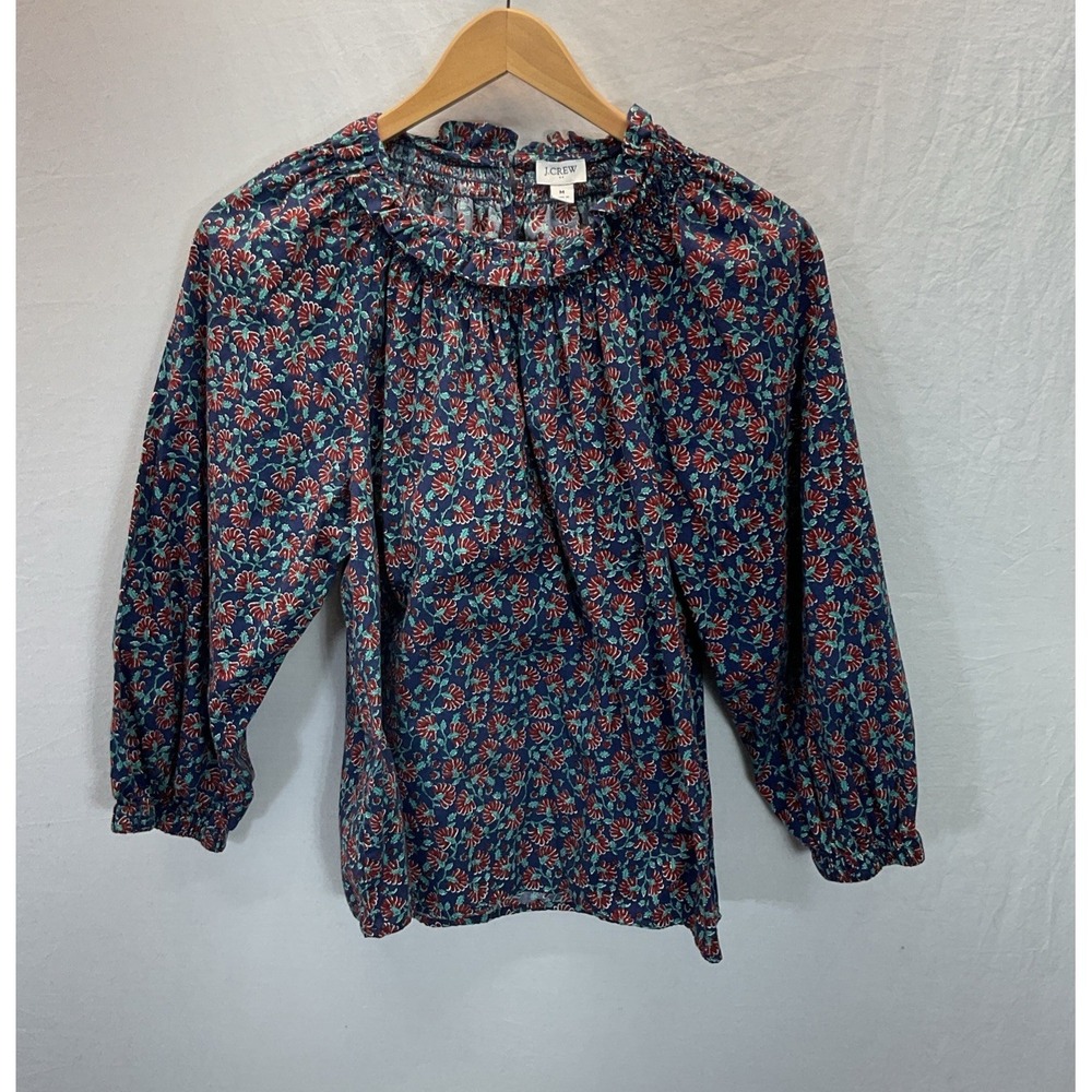 J.Crew Ruffle collar blue red floral blouse cottegecore boho Sz M Travel Spring